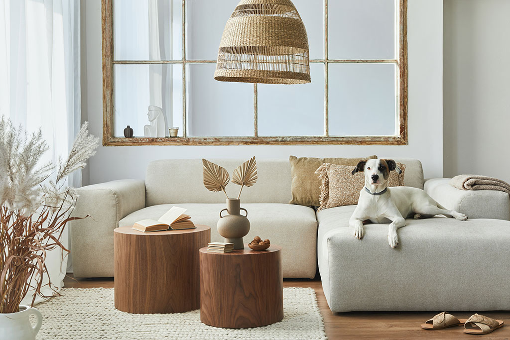 Dog laying on couch in a neutral aesthetic living room