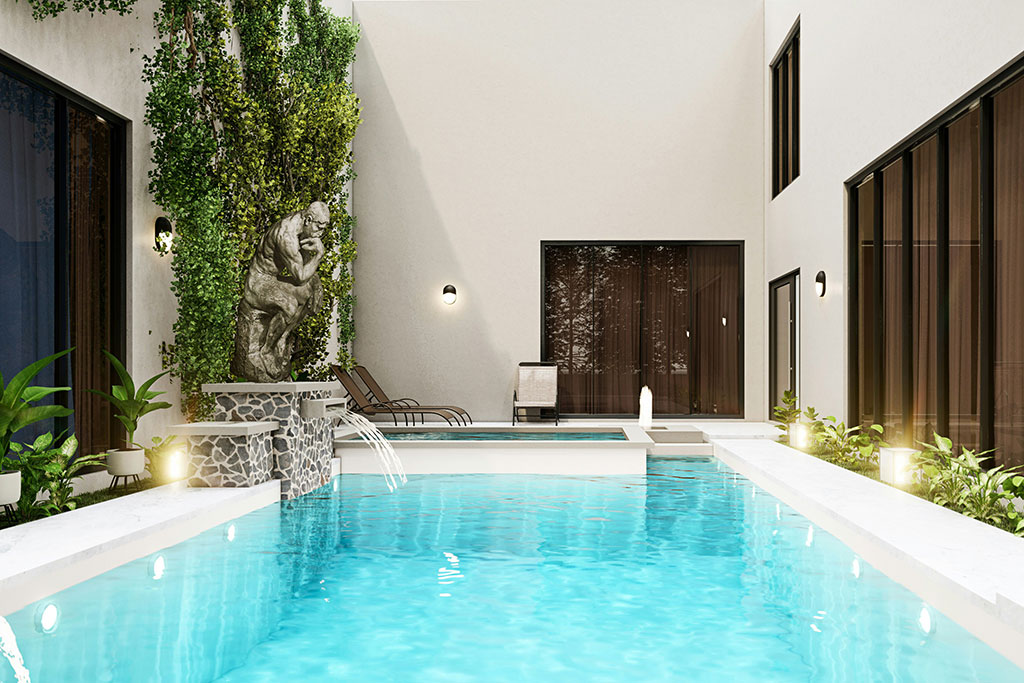 Luxury pool in backyard of house