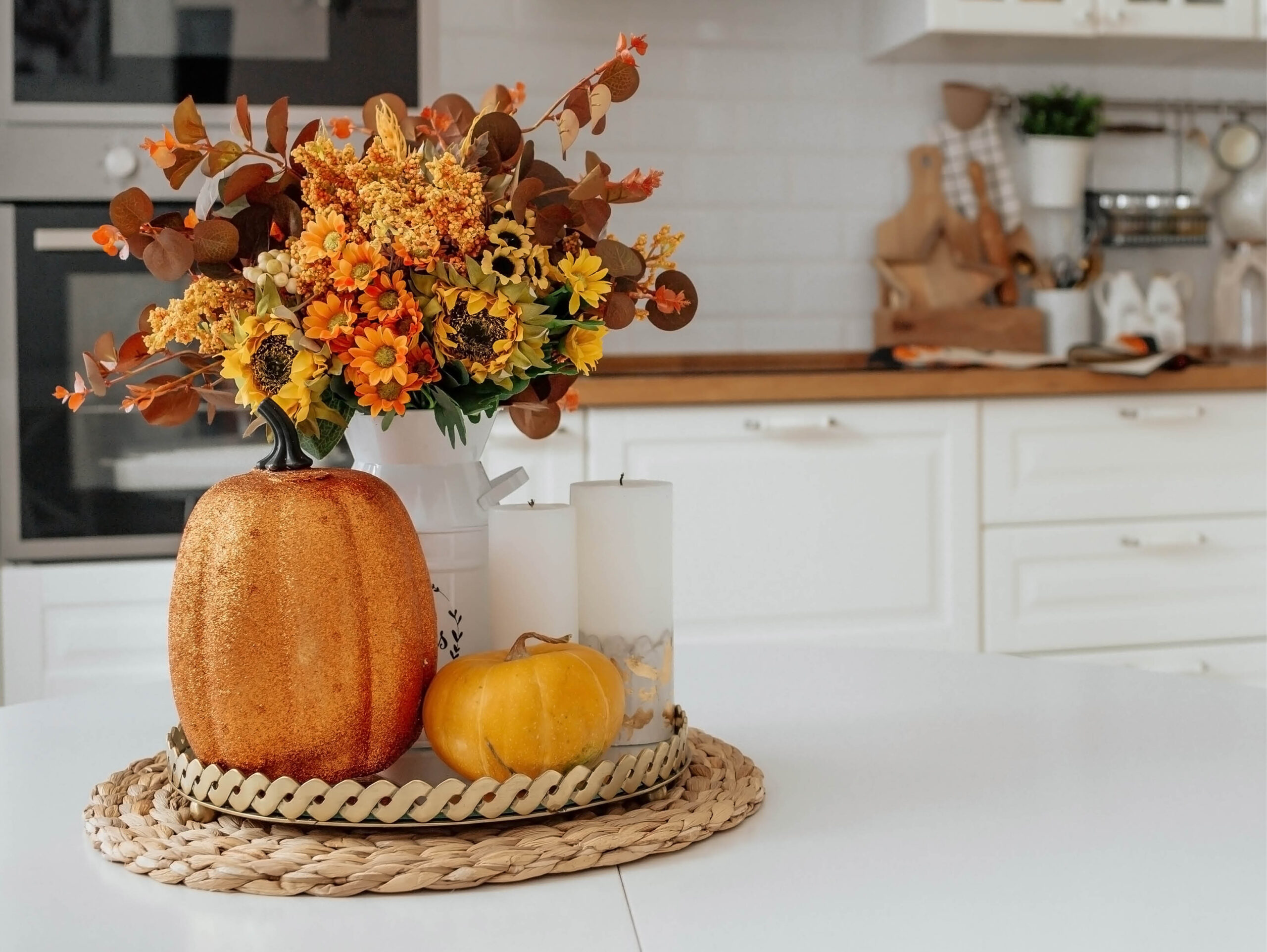 Floral fall arrangement on table