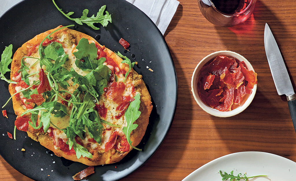 Three Sauce Naan Pizza with Crispy Prosciutto