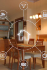 Smart home graphics above interior of home