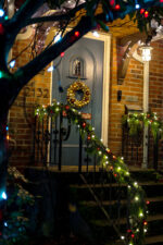Exterior of home decorated for Christmas