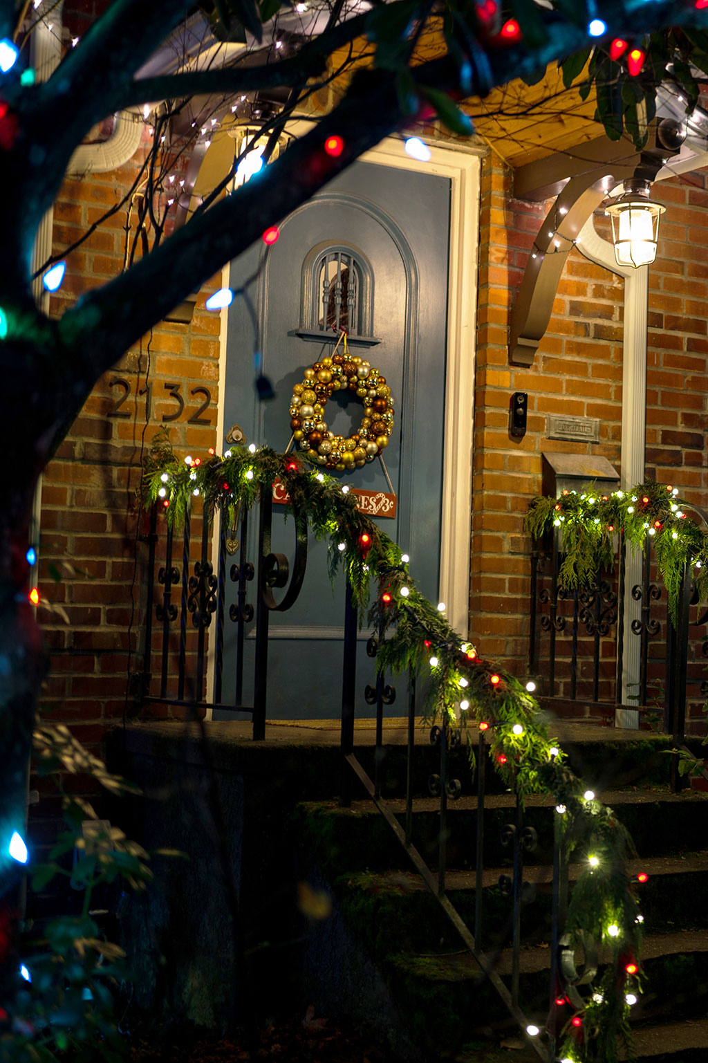 Exterior of home decorated for Christmas