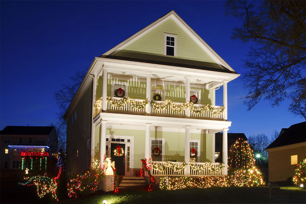 Exterior of home decorated for Christmas