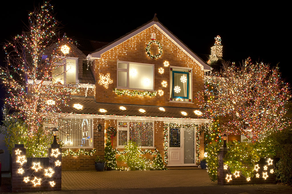 Exterior of home decorated for Christmas