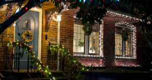 Exterior of home decorated for Christmas