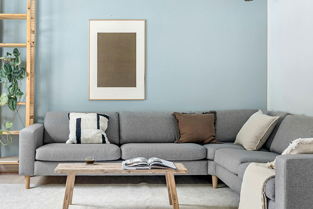 Living room of small home with blue walls